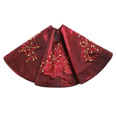 Image of Gireshome 42&quot; Burgundy faux silk Deluxe Embroidered Berry with Handcraft Pintuck Border Christmas Tree Skirt Decoration