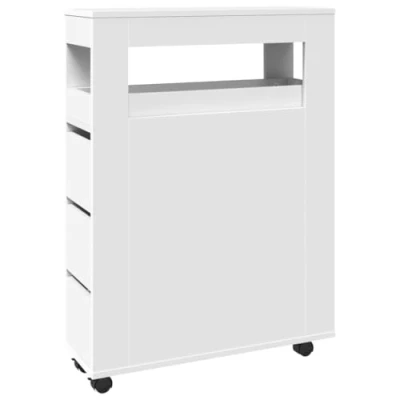 Image of vidaXL Narrow Bathroom Cupboard with Wheels Slim White Cabinet, Engineered Wood, 22 x 41 135 cm Versatile Storage Organizer for Bathroom/Kitchen/Living Room