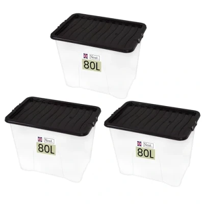 Image of Neat. Plastics 80L Storage Box, Clear Base, Black Lid Organise Easily with Plastic Box Lid, Ideal Boxes for Storage, Durable Lids Pack of 3