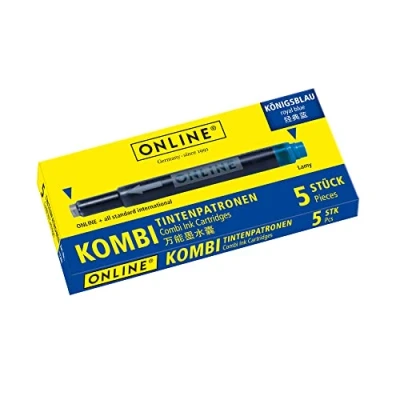 Image of Online double sided pen ink cartridges, universal refills, compatible with all common fountain pens, even Lamy pens 5 spare cartridges Erasable, washable, colour royalblue, 17036/12