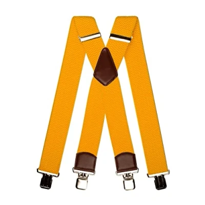Image of Olata Men&#039;s Extra Wide Heavy Duty X Shape Braces/Suspenders with Brown Leather 5cm. Yellow