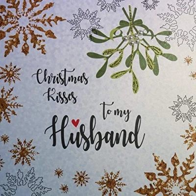 Image of White Cotton Cards XF2 H Large &quot;Christmas Kisses to My Husband&quot; Handmade Christmas Card