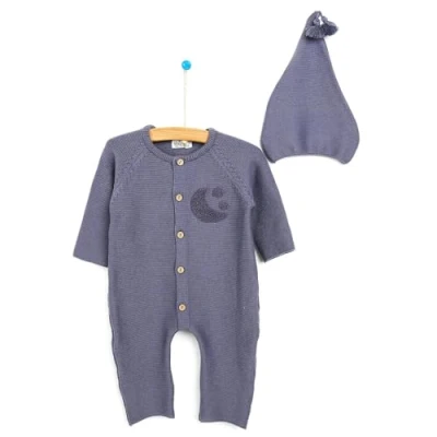 Image of ebebek HelloBaby Newborn Buttoned Knitted Jumpsuit Baby Girl Clothes Long Sleeve Button Front Bodysuit Moon Pattern Embroidered Knitwear Winter and Hat Set (6 Months, Dark Blue)