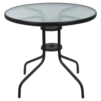 Image of URBNLIVING Round Black Metal &amp; Decorative Glass Garden Patio Bistro Side Table Parasol Hole