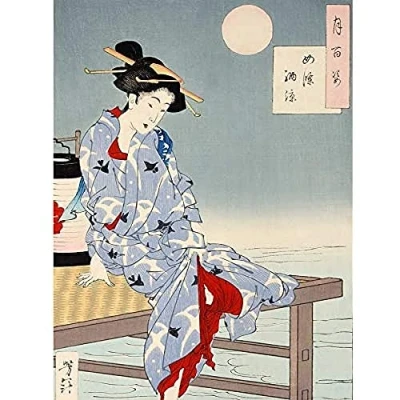 Image of Wee Blue Coo Chikanobu Japanese Geisha Pier Moon Unframed Art Print Poster Wall Decor 12X16 Inch