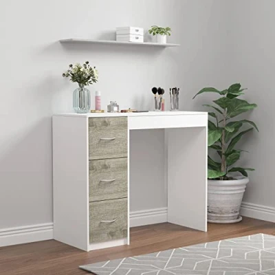 Image of URBNLIVING 3 Drawer Wooden Bedroom Dressing Table (White Carcass + Ash Grey Drawers)