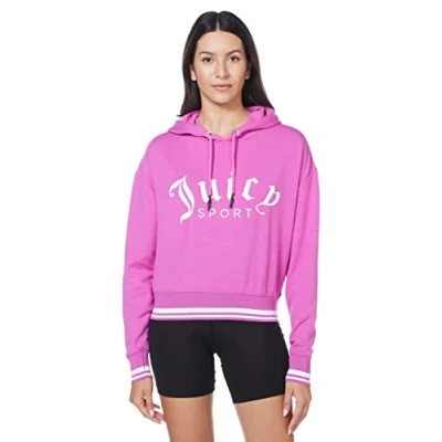 Image of Juicy Couture Women&#039;s Cropped Logo Pullover Hoodie Hooded Sweatshirt, Wild Fuchsia, L UK