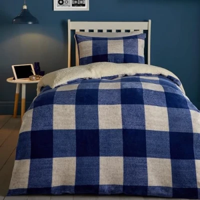 Image of Bedlam Blue Checkered Teddy Fleece Duvet Cover Single Bedding Size (140 x 200cm) Reversible Design Cosy &amp; Soft White Tartan/Flannelette