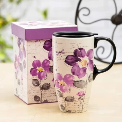 Image of DUSVALLY Ceramic Coffee Mug with Lid Porcelain Cup Box Latte Mug, 17oz. Purple Flowers
