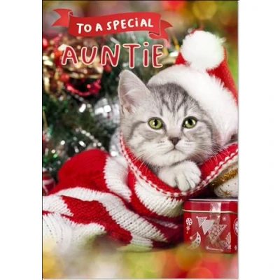 Image of doodlecards Auntie Christmas Card Cute Santa Paws Kitten Cat Pet Hat Large A4 Size for with Plain Envelope