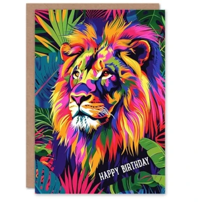 Image of Artery8 Personalised Birthday Card Jungle Lion Vibrant Colourful Design For Him Man Male Dad Brother Son Papa Grandad Greeting