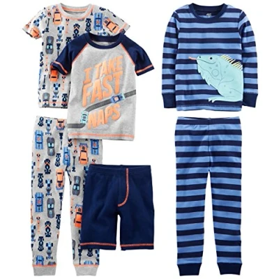 Image of Simple Joys by Carter&#039;s Boys&#039; 6 Piece Snug Fit Cotton Pajama Set, Grey Cars/Navy Stripes/Text Print, 24 Months (Pack of 3)