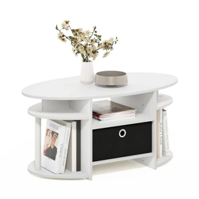 Image of Furinno Simple Design Oval Coffee Table with Bin, Engineered Wood, White/White/Black, 89.9 (W) x 41.7 (H) 50 (D) cm