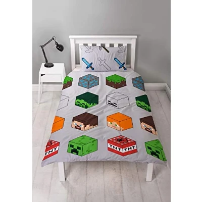 Image of Minecraft Pixel Single Duvet Cover Officially Licensed Reversible Two Sided Creeper &amp; TNT Design with Matching Pillowcase, Polyester, Green