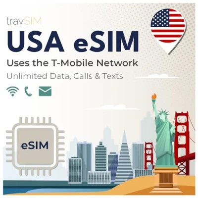 Image of travSIM eSIM USA T Mobile network Unlimited data, calls and texts in the US works on compatible iOS Android devices 14 days