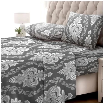 Image of GC GAVENO CAVAILIA Brushed Cotton Fitted Sheet, Flat Sheet &amp; Pillowcases 4 Pieces Flannelette Bedding Double Bed Thermal, Warm Flannel Sheets Grey Easycare Machine Washable