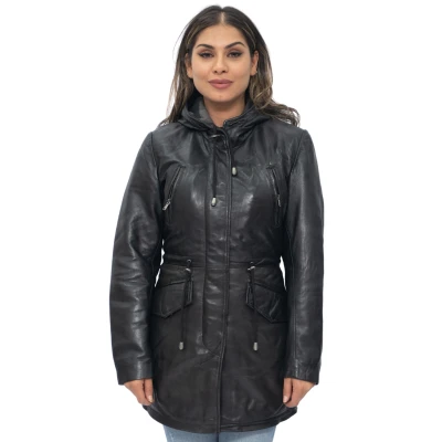 Image of Women&#039;s Black Leather Hooded Parker Jacket Multi Pocket Trench Coat 3XL