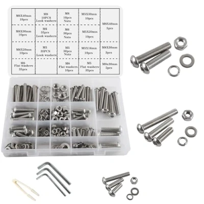 Image of huruirui M5 M6 M8 Nuts and Bolts Washers Set Machine Screws Nut 304 Stainless Steel Button Head Hex Washer Assortment Kit for Fastener 300pcs with 4 Wrench