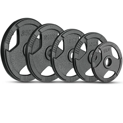Image of FK Sports Olympic Weight Plates Cast Iron with Rubber finish, 2 opening, 5kg, 10kg, 15kg, 20kg, 25kg Tri Grips Barbell Weights, Gym Equipment for Home, Sold in Pair (20, Kilograms)