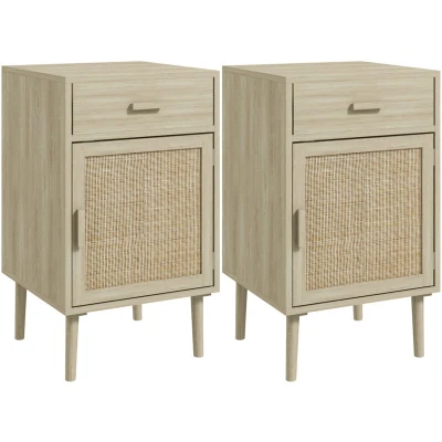 Image of HOMCOM Bedside Table Set of 2, Rattan Side Tables with Drawer, Cabinet and Adjustable Shelf, Boho Storage for Bedroom, Living Room, Natural Wood Effect
