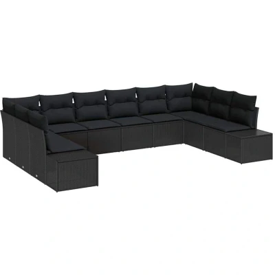 Image of vidaXL 10 Piece Garden Sofa Set with Cushions Black Poly Rattan