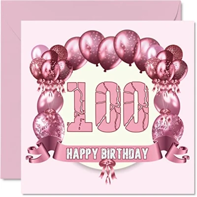 Image of Fun 100th Birthday Cards for Woman Balloons Happy Card Great Grandad Grandpa Nanny Grandma Nan Gran Granny Dad Mum, 145mm x Greeting Cards,