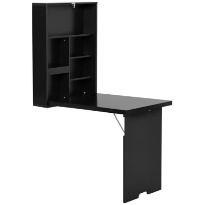 Image of HOMCOM Folding Wall Mounted Drop Leaf Table, Convertible Table With Chalkboard and Storage Shelf, Multifunctional Floating Desk for Home Office, Black