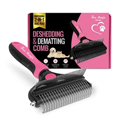 Image of Fur Magic Deshedding and Dematting Comb Double Sided Undercoat Rake Pet Grooming Brush Removing Mats, Knots &amp; Tangles for Dogs Cats with Long Medium Hair, Pink