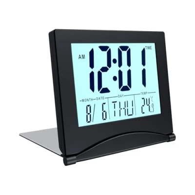 Image of MMOBIEL Digital Clock LCD Travel Alarm Foldable with Backlight Day, Date and Temperature Indication for Table Desk Battery Operated Black