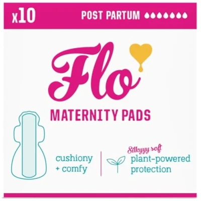 Image of FLO Maternity Pads with Wings, Organic Bamboo Sanitary Towels Wings Extra Long, Biodegradable, Soft, Ultra Absorbent &amp; Leak Proof Protection 10 Pack