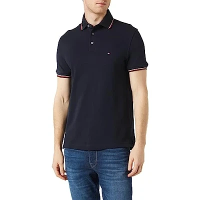 Image of Tommy Hilfiger Men 1985 RWB Tipped Slim Polo Short Sleeve Shirt, Blue (Desert Sky), S
