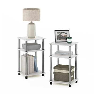 Image of Furinno 3 Tier Turn N Tube End, Side Table, Nightstand, Engineered Wood, White Oak/Chrome, 2 Pack