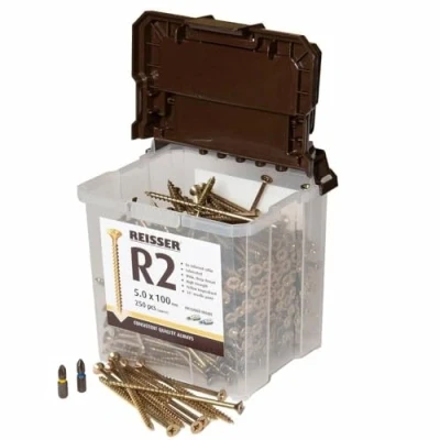Image of Reisser 9221550PB R2 Pozi Yellow Coated Woodscrew 600 Pieces in Tub with 2 PZD Bits, 5 mm Diameter x 50 Length