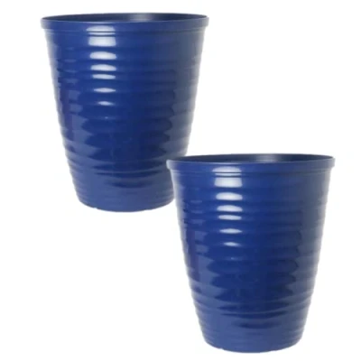 Image of Fyne Finds Set of 2 Blue 28cm, 11inch Gloss Plastic Plant Pot Tall Round Garden Weatherproof, Drainage Hole Planter