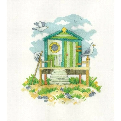 Image of Heritage Crafts Counted Cross Stitch Kit Green Beach Hut (AIDA) Karen Carter