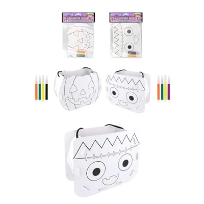 Image of HENBRANDT Single Halloween DIY Trick or Treat Bucket Colour Your Own Cardboard Candy Holder 2 Designs Papercraft Kit Goodies Sweets and Treats Spooky Party Favours for Boys Girls