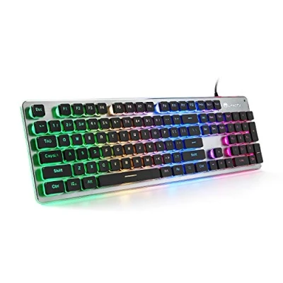 Image of LANGTU Membrane Gaming Keyboard, Colorful LED Backlit Quiet Keyboard for Study, All Metal Panel USB Wired 25 Keys Anti ghosting Computer 104 L1 Black/Silver…