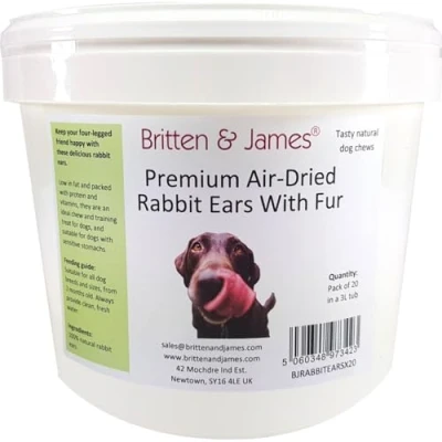 Image of Britten and James 20 Airdried Rabbit Ears with Hair for Dogs. Natural Healthy Tasty Dog Treat Chews in a 3L Tub