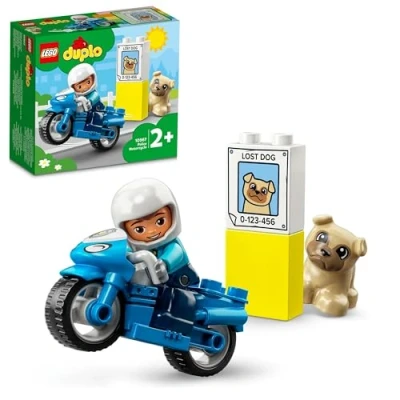 Image of LEGO 10967 DUPLO Town Rescue Police Motorcycle Toy for Toddlers, Boys &amp; Girls 2 Plus Years Old, with Officer and Dog Figure, Early Development Toys