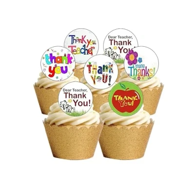 Image of 24 PRE Cut Thank You Teacher Edible Wafer Paper Cake Toppers Decorations