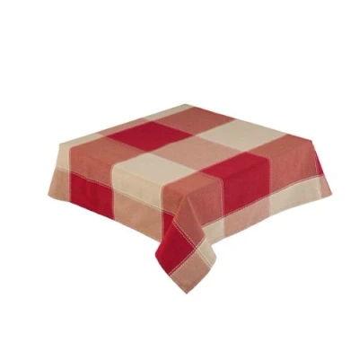 Image of RED and Natural Check Tablecloth 52 Inch Round (132 cm) Circular Table Cloth Easy Care (Republic 59921)