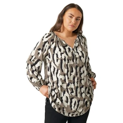Image of EVANS Curve Animal Print Long Sleeve Blouse Women&#039;s Plus Size Brown