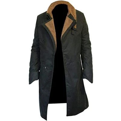 Image of HiFacon Blade Runner 2049 Officer Ryan Gosling Waxed Black Cotton Trench Coat Fur Lapel Collar