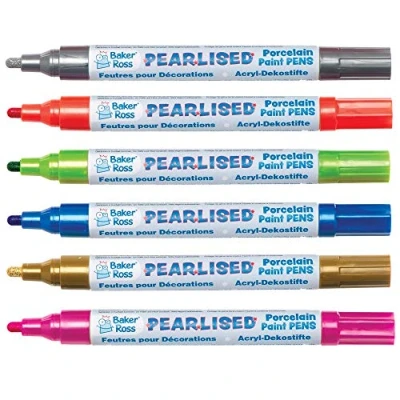 Image of Baker Ross AT484 Porcelain Paint Pens Pearl Finish Marker Set, Art and Craft Supplies Copper, Green, Yellow, Turquoise, Purple Red (6 Pack)