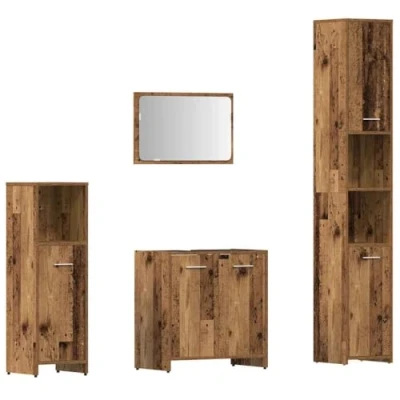 Image of vidaXL 4 Piece Bathroom Furniture Set Engineered Woods Storage Cabinets and Mirror Old Wood Finish Modern Style Ideal for Organizing Essentials