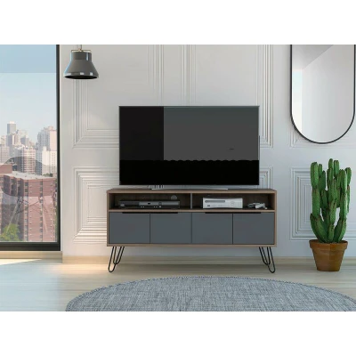 Image of Home Source Harlem Widescreen TV Cabinet, Media Shelf Cupboard Storage, Oak Effect and Grey, 4 Door, Engineered Wood
