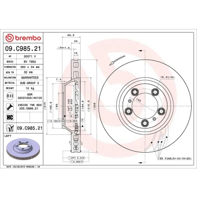 Image of 971615301, 9Y0615301 Brake disc BREMBO 09.C985.21 350mm 34mm 5 internally vented Coated High carbon PORSCHE: Panamera Sport Turismo, Cayenne,