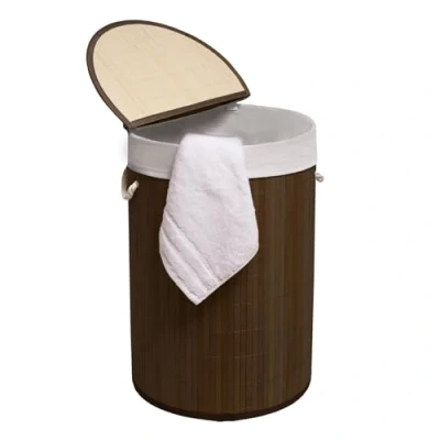 Image of MantraRaj 50L Folding Bamboo Laundry Basket Bin Hamper Clothes Storage Organizer With Lid And Removable Washable Bag Carry On Handles Washing for Room, Bedroom (Dark Brown)