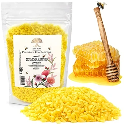 Image of Eco Lux UK 500g Premium Bees Wax Golden Yellow Pellets for Candle Making, Natural Organic Beeswax Cosmetic Grade Skin, Body, Lip Balm and Soap Making Supplies No additives Harmless Pure (500g)