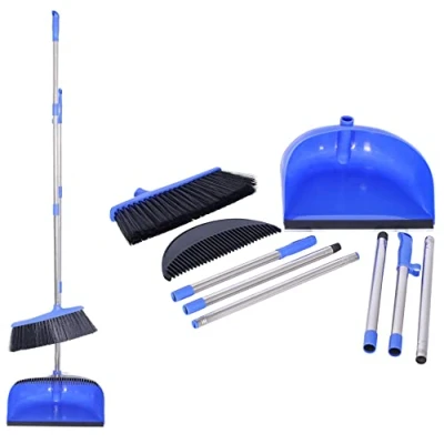 Image of K ONE Dustpan and Brush Set with Soft Bristle Broom Long Handled Floor Sweeper Household Dust pan for Indoor Office Cleaning Sweeping (Blue)